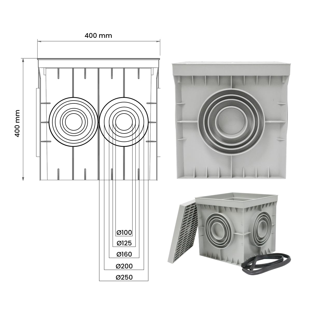 Arqueta Estanca de Suelo Electrica Gris Cuadrada con Tapa Ciega IP54 Arqueta de Riego y Electricidad Arqueta de PVC para Jardín, Drenaje Riego, Instalaciones Eléctricas Tuberías (1, 400x400 mm)