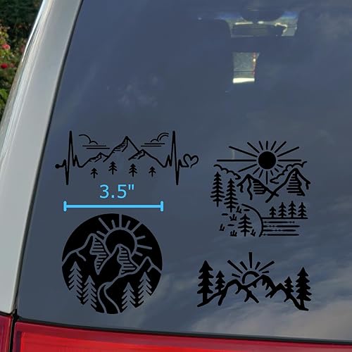 Vista 3 de Calcomanías de montaña, paquete de 4: latido del corazón de montaña, árboles de montaña del sol, calcomanía de dibujos animados de montaña, montañas