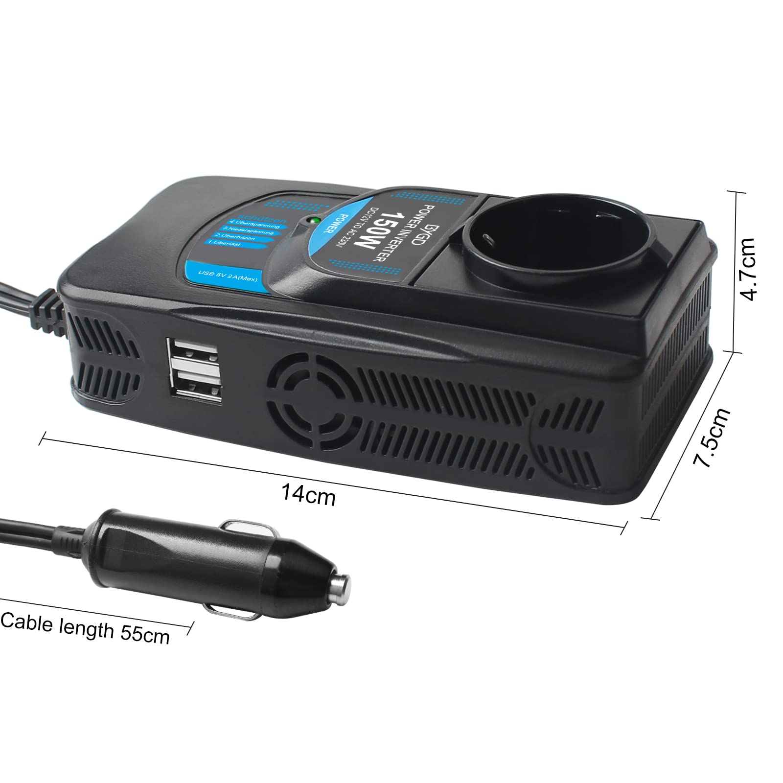 Inverter di Potenza per Auto 150W, Convertitore da 12V DC a 230V AC con 2 Porte 2A USB, Convertitore di Potenza Adattatore,Adatto Per Ricaricare Telefoni Cellulari, Computer Portatili, Ipad E Psp