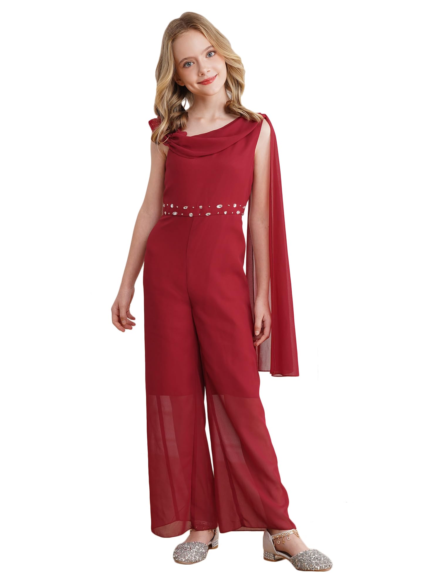 Alvivi Mono de Fiesta Elegante para Niña sin Manga Mono Ceremonia de Gasa con Cintura Perdería Brillante Pantalones de Recto Informal 5-16 Años