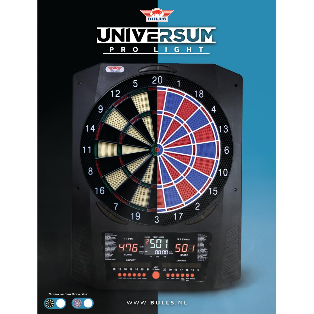 Bull’s Universum Pro L Elektronisches Softtip Dartboard – LED Beleuchtung, 45 Spiele / 474 Varianten, für bis zu 8 Spieler, inkl. Darts & Zubehör