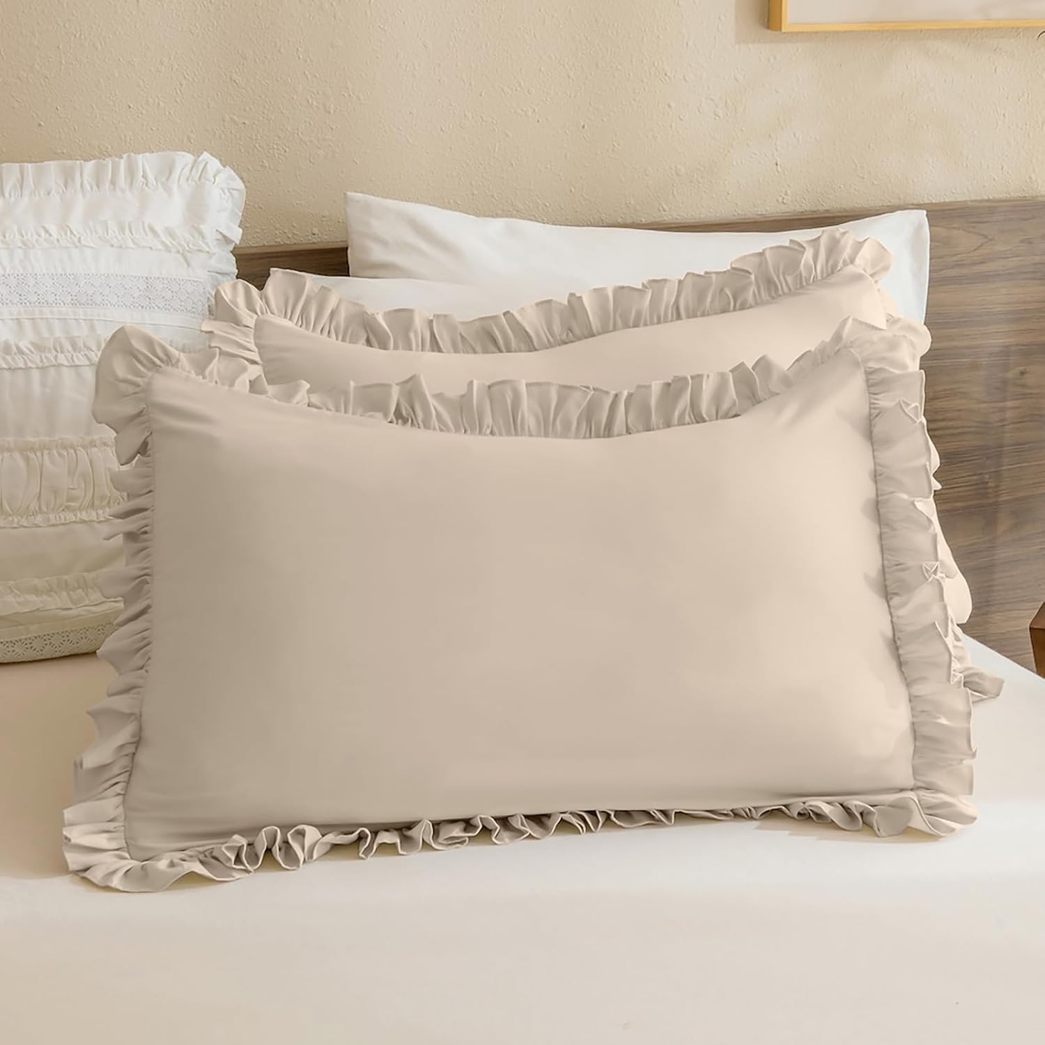 QSH Ruffle Pillow Shams King Size,2 Pack 20"x36" Pillow Sham,Shabby Boho Chic Bed Pillow Covers King Linen Feel Ultra Soft and Luxury Microfiber Vintage Pillowcases Set - Image 2