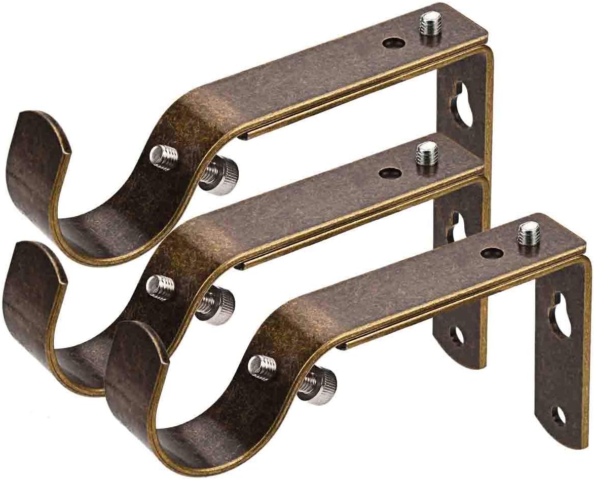 Curtain Bracket Set of 3, Antique Brass, Adjustable for 1 or 1 1/8 Inch Rods, Wall Mount, Brass Frame
