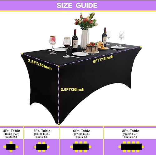 Miniatura 4 de Heochy 1 mantel rectangular de 6 pies para mesa rectangular  Mantel negro rectangular ajustable elástico de elastano cubre 6 pies para cumpleaños,