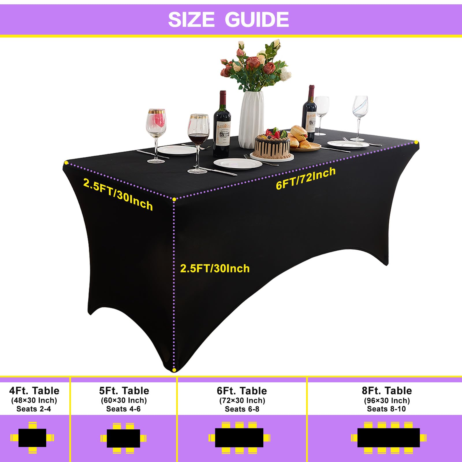 Paquete de 4 manteles rectangulares de elastano ajustables para mesa rectangular, de 6 pies, color negro para cumpleaños, cócteles, banquetes, fiestas al aire libre