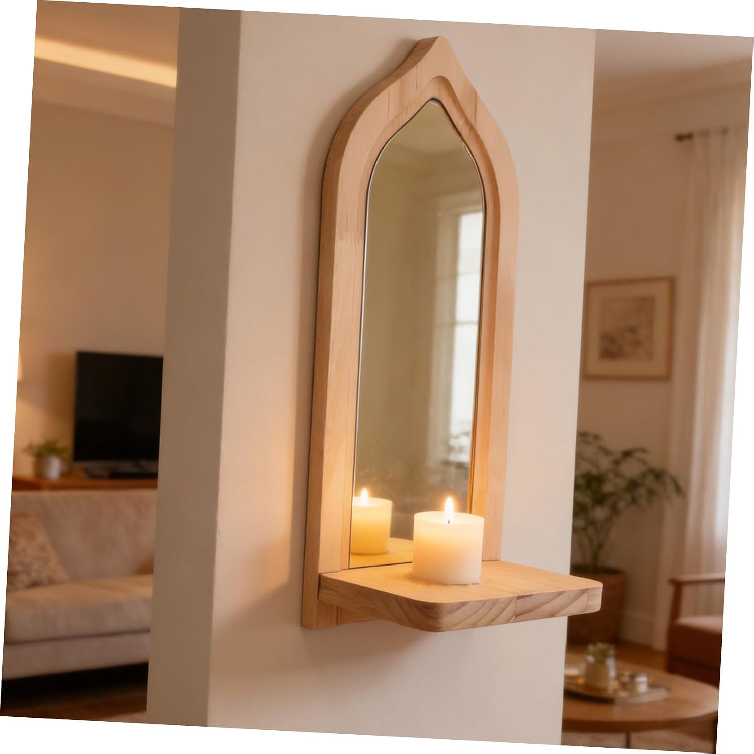 Wall Candle Sconce with Acrylic Mirror Panel, Gold Reflective Tealight Display Holder, Wooden Mirrored Candle Wall Stand for Entryway and Bathroom Decor