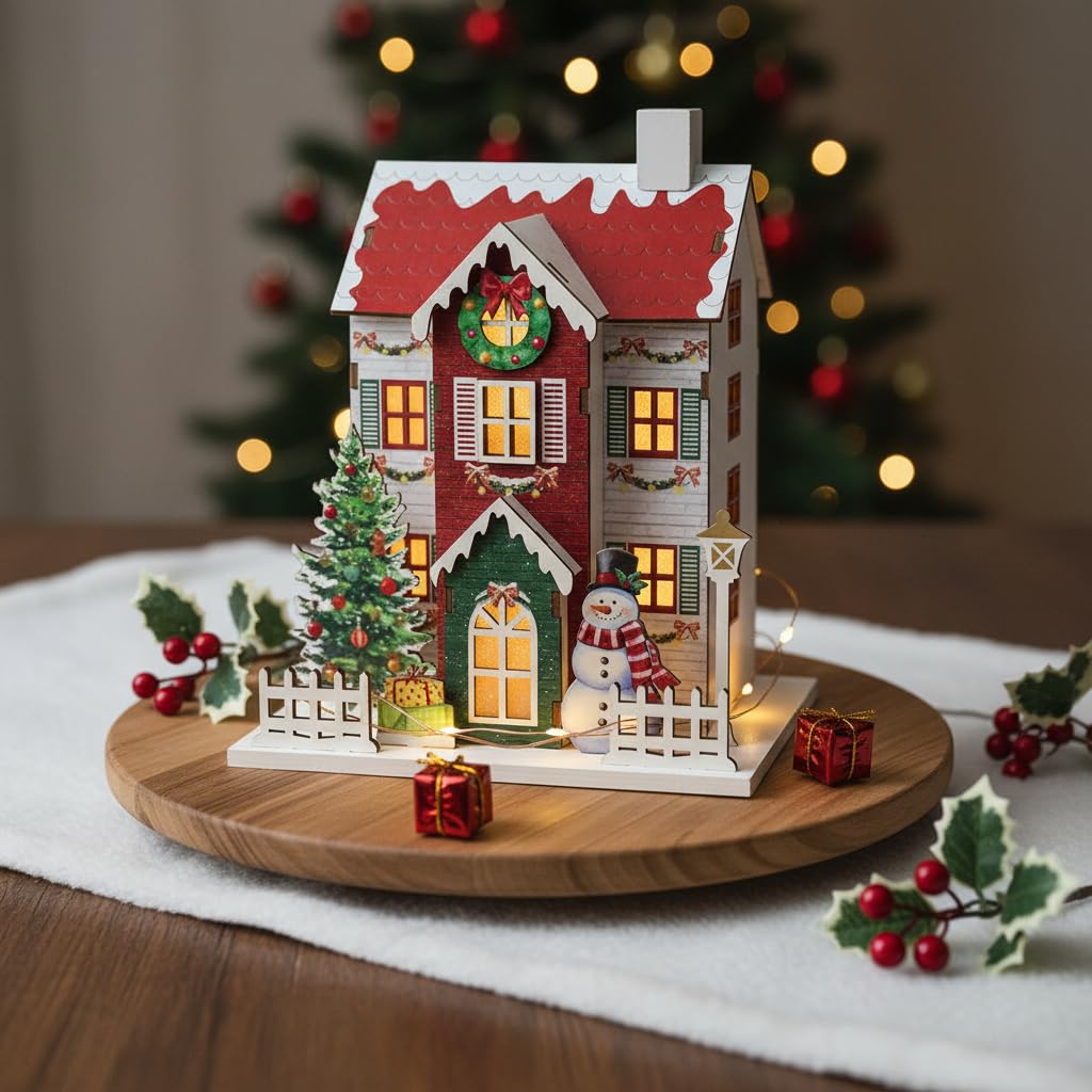 PE Maison de Noël Lumineuse Bois LED, 23.5cm Décoration Cheminée Ambiance, Fonctionne à Piles Figurine Village Hivernal, Cadeau de Noël (Piles Non Fournies).