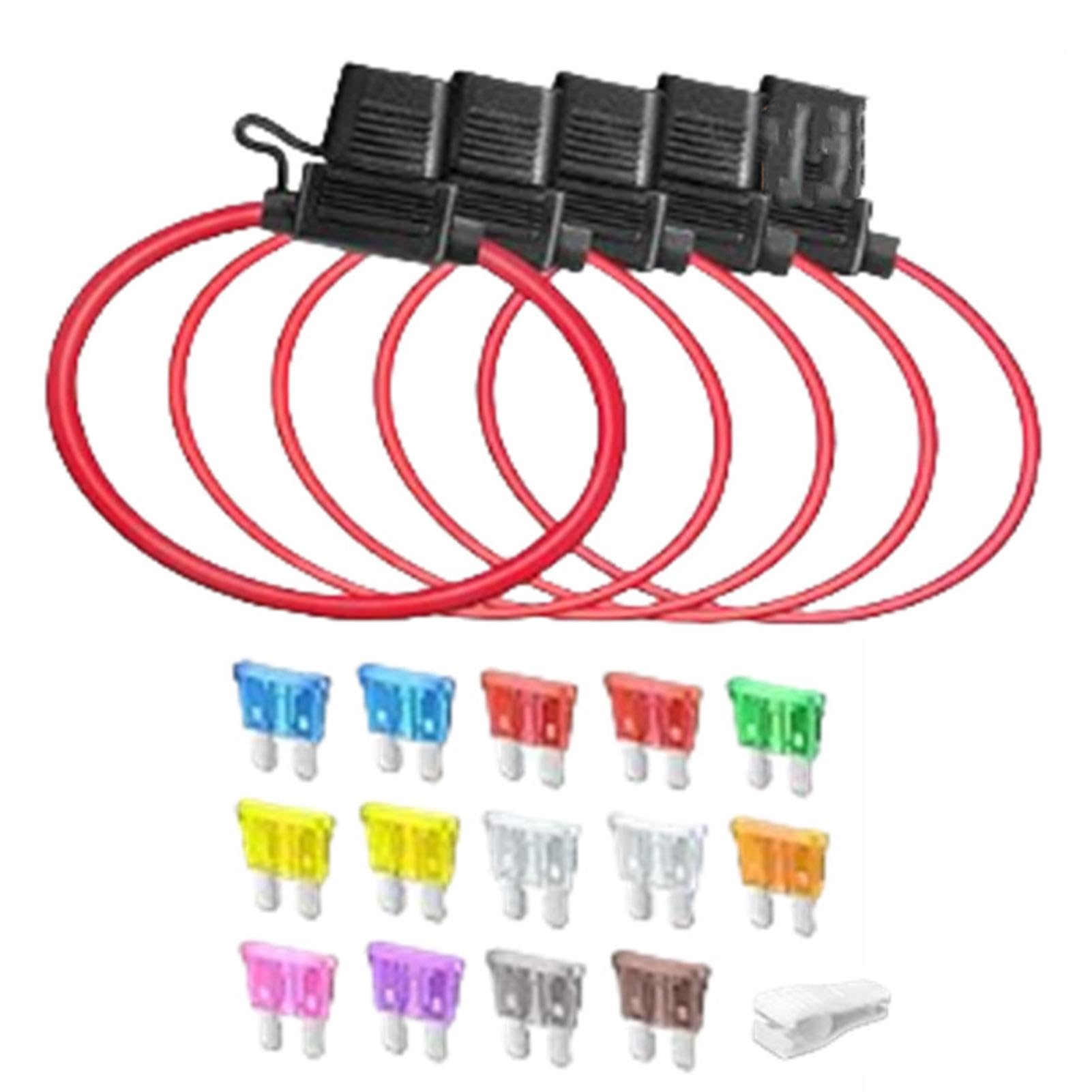 5-delige Zekeringhouder Set – 12 AWG + 4x 16 AWG, Waterdicht, Incl. 14 Zekeringen (2A-35A) – Voor Auto, Vrachtwagen, Boot