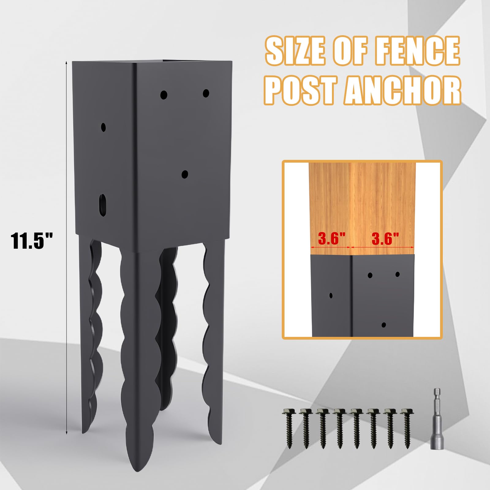 Soporte de base de poste de 4 x 4, 2 piezas (real de 3.6 x 3.6 pulgadas), anclaje de poste de hormigón 4x4, estaca de poste con recubrimiento en polvo negro para pérgola, cubierta, valla, buzón, etc.