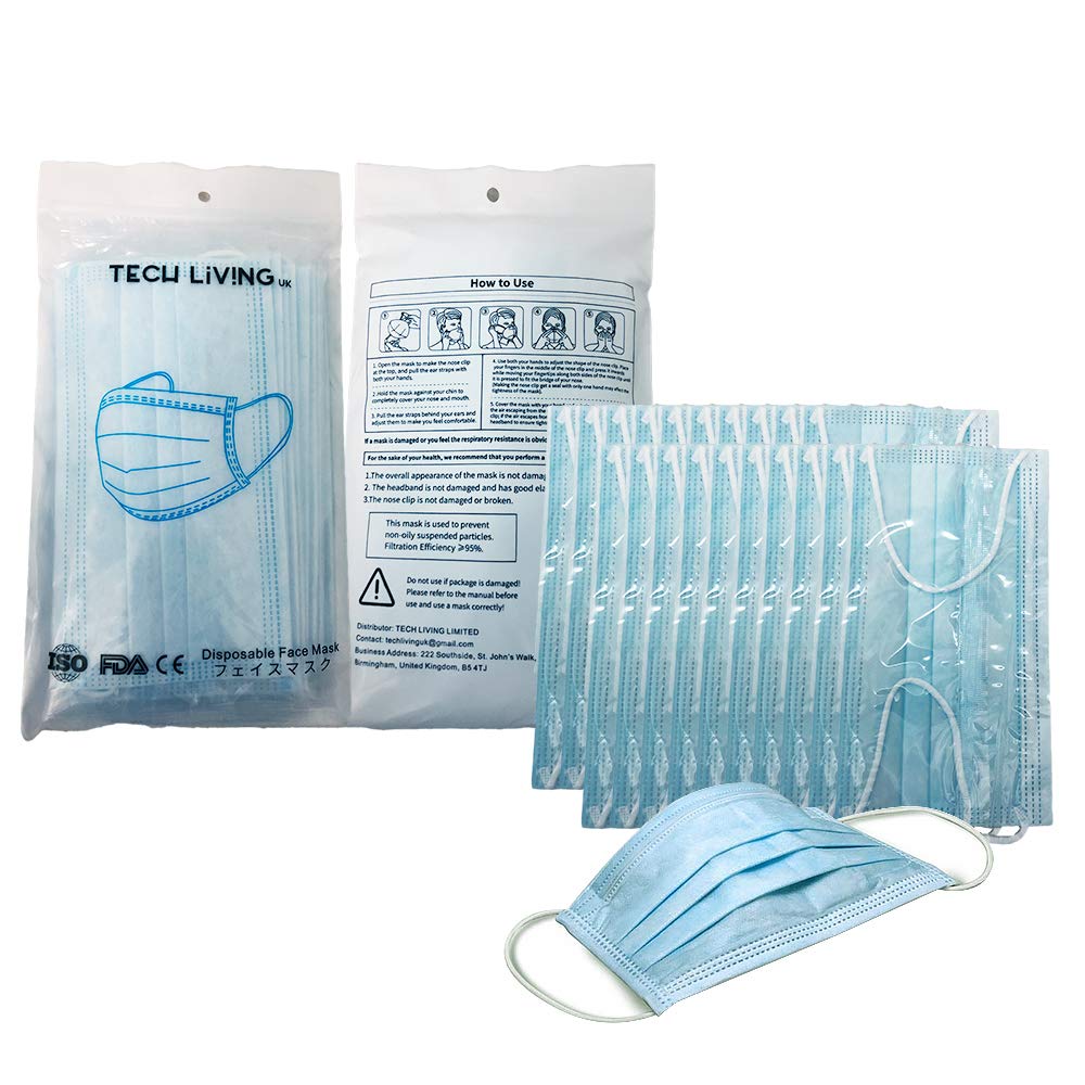 Individually Wrapped! TECH LIVING UK 20 Disposable Face Masks; 3PLY;(20PCS)