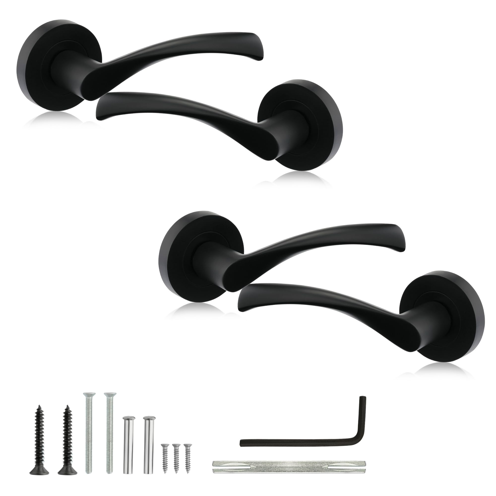 XFORT Warped Lever on Rose Door Handles Matt Black, Internal Door Handles for Wooden Doors, Modern Interior Door Handle Set (2 Pairs)