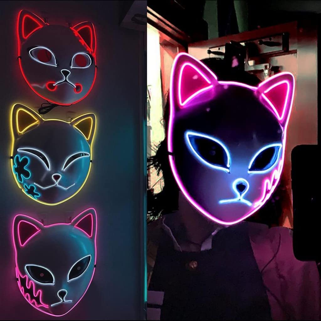 CAFELE 3Pcs Demon LED Mask Slayers Costume Props Japanese Anime Plastic Fox Face Cosplay Glowing Masks for Masquerade Festival Party