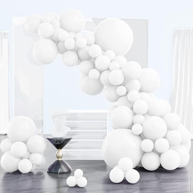 PartyWoo White Balloons, 102 pcs White Balloons Different Sizes Pack of 18 Inch 12 Inch 10 Inch 5 Inch for Balloon Garland as Birthday Decorations, Wedding Decorations, Baby Shower Decorations