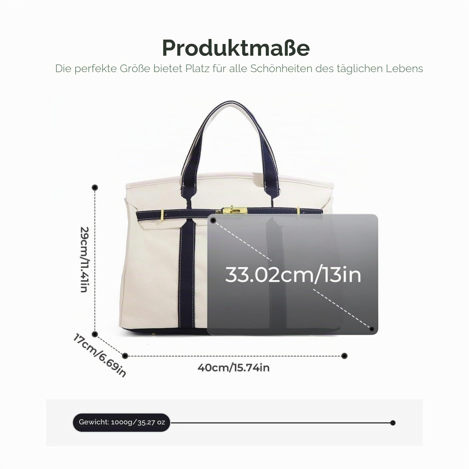 Canvas Shopper Tasche Damen - Großformatige 40x29cm Handtasche Mit Gold Hardware & Anti-Rost Nieten, Elegante Tote Bag Für Arbeit, Uni & Reisen