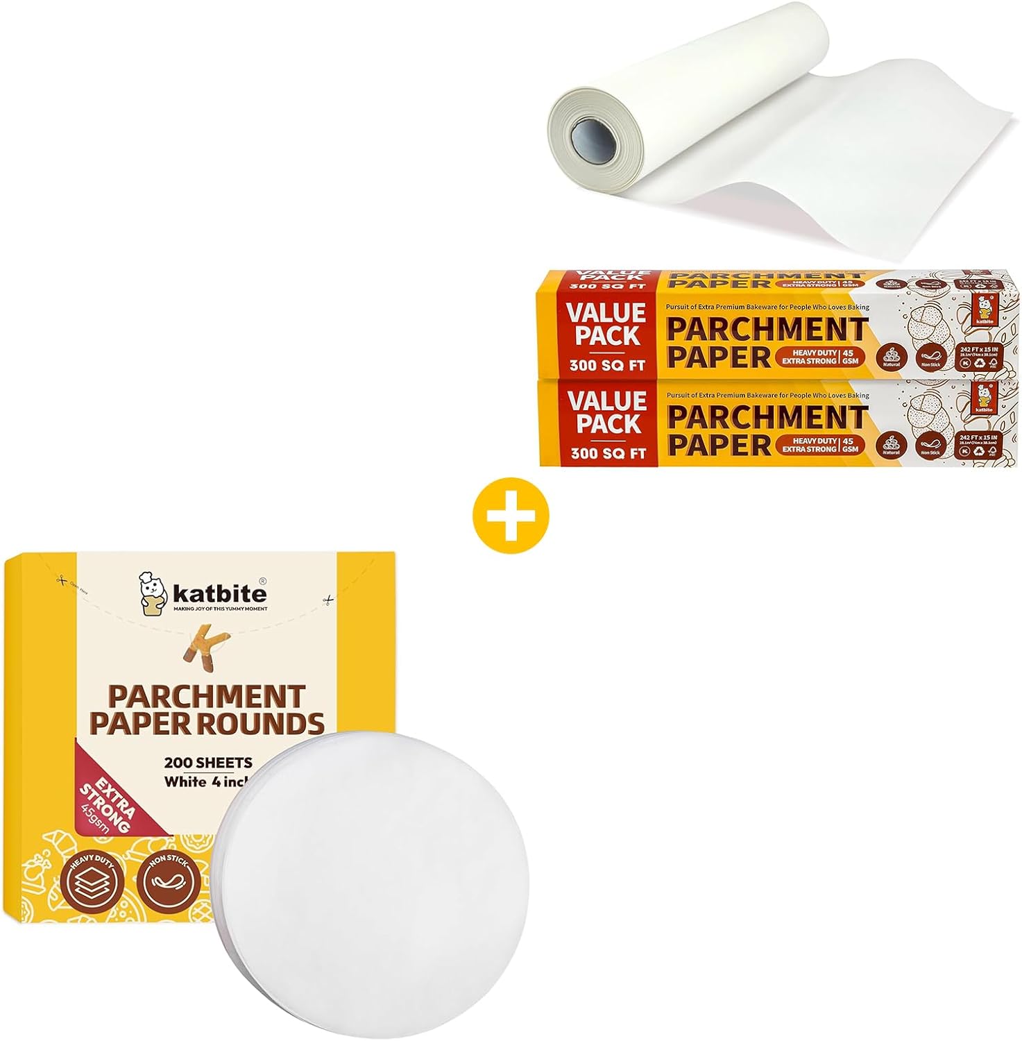 Katbite Heavy Duty Parchment Rounds 4 Inch 200Pcs & 2 Value Pack 15in x 242ft, 300 Sq.Ft White Parchment Paper Roll