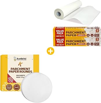 Katbite Heavy Duty Parchment Rounds 4 Inch 200Pcs & 2 Value Pack 15in x 242ft, 300 Sq.Ft White Parchment Paper Roll