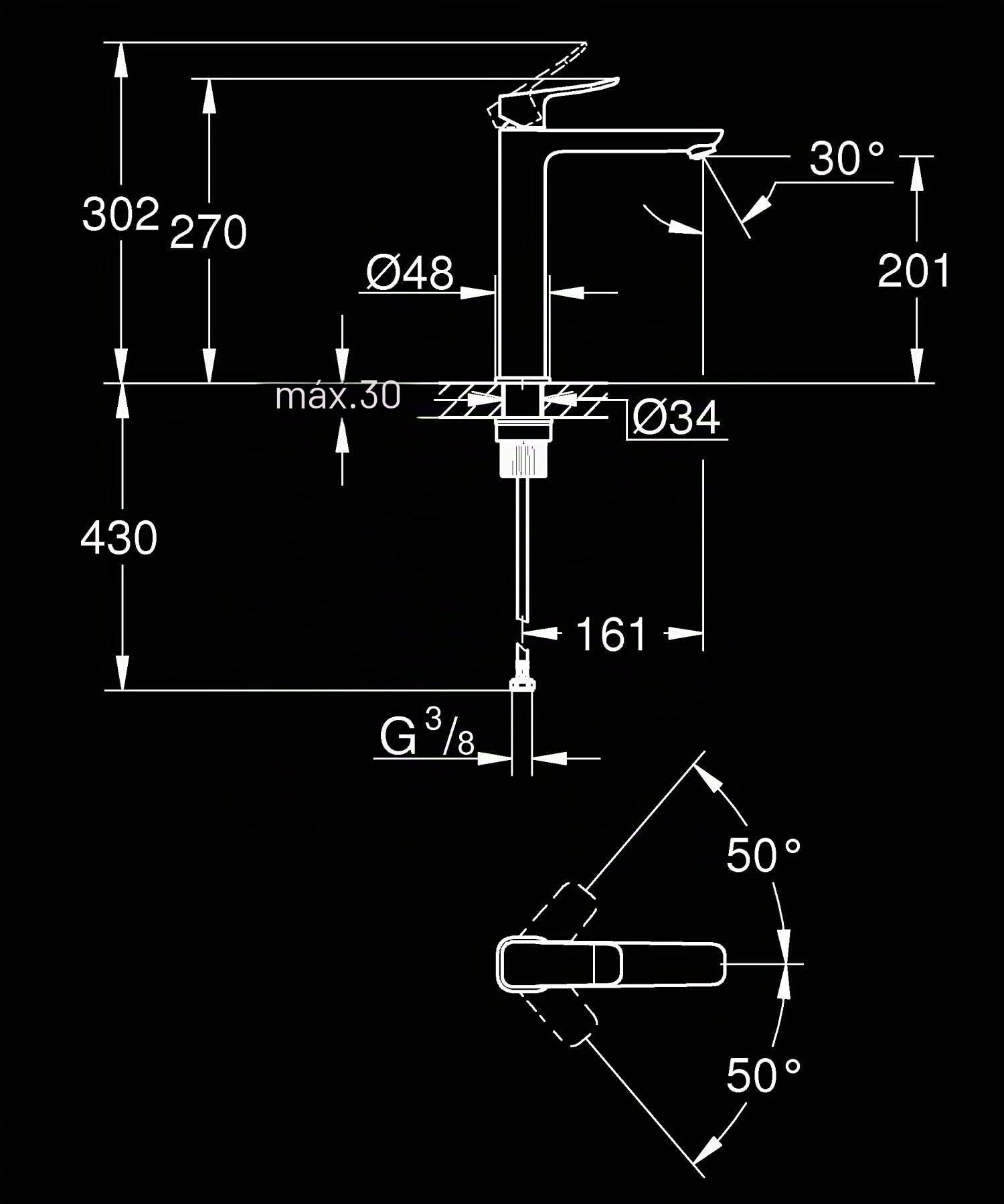 GROHE Dice Grifo de Lavabo XL Cuerpo Liso para Lavabos Exentos (Cartucho Cerámico 28 mm, Ahorro de Agua, Conexiones 3/8", Fácil de Instalar QuickTool Incluido), Negro Mate, 1018922430