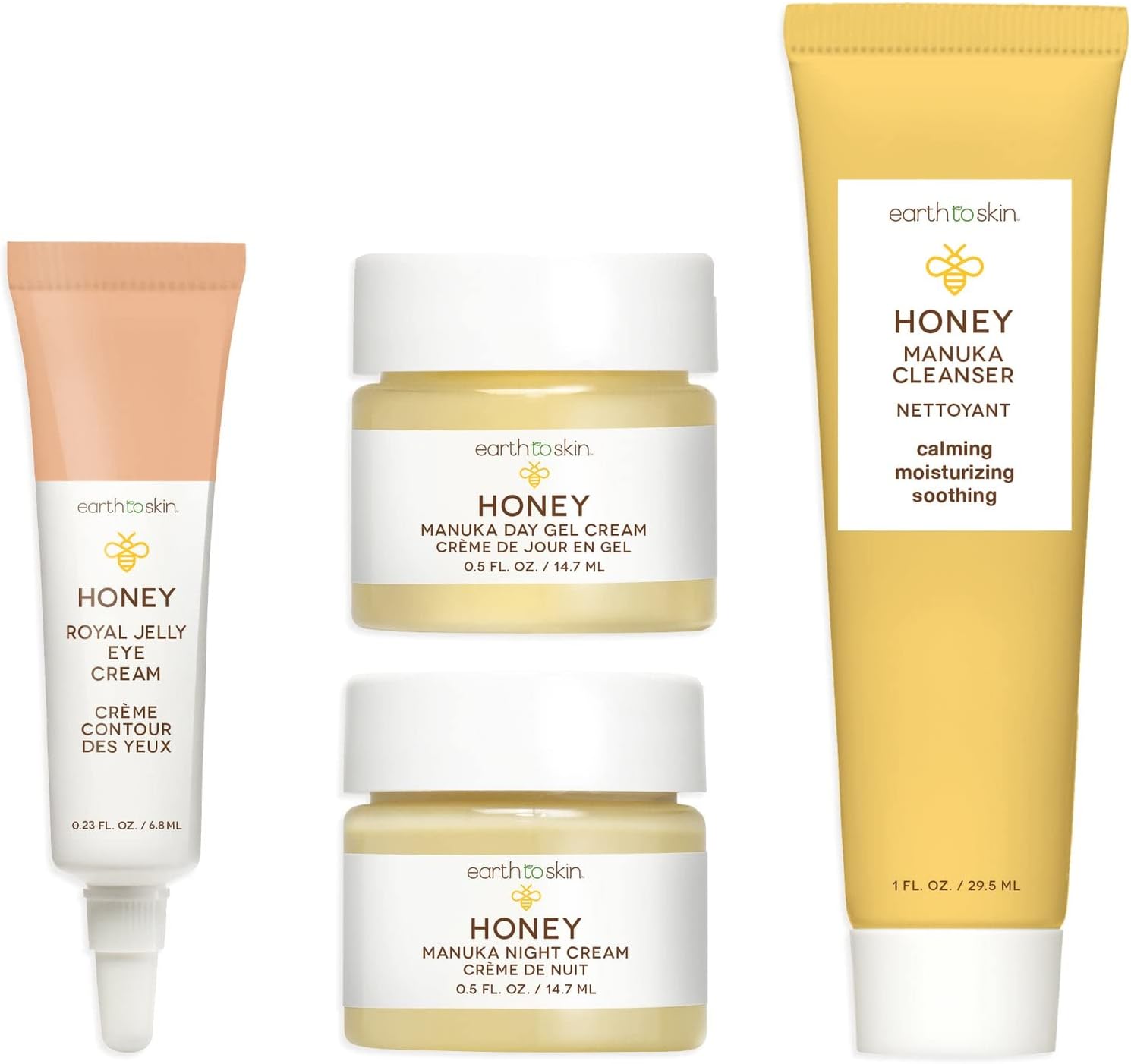 Earth To Skin Facial Care Starter Set: Manuka Honey Cleanser (1.0 Fl Oz), Day Gel Cream (0.5 Fl Oz), Night Cream (0.5 Fl Oz), and Royel Jelly Eye Cream (0.23 Fl Oz)