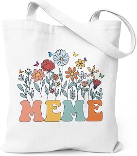 Gift for Mama, Floral Tote Bag, Reusable Canvas Handbag for Women, Wildflower Shoulder Shopper with Retro Letter Print, Cute Mom Present, Grocery Work Travel Beach Everyday Carryall, 13.7 x 15.7 In