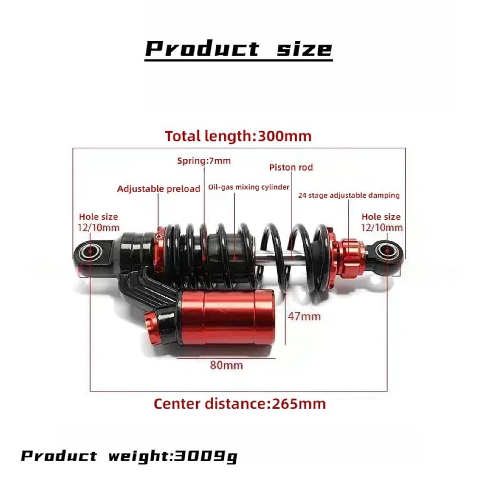 Amortiguadores Amortiguador Trasero Universal Para Motocicleta Amortiguadores Oleoneumáticos Ajustables De 265 Mm(Rojo)