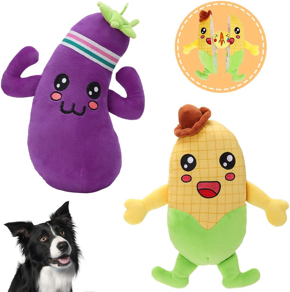 PUPTECK Plush Dog Squeak Toys - Dog Teething Chew Toys - Cute and Soft Puppy 2 in 1 Interactive Stuffed Plush Dog Toy with Surprise Ball Inside, Outdoor and Indoor Corn/Eggplant 2 Packs