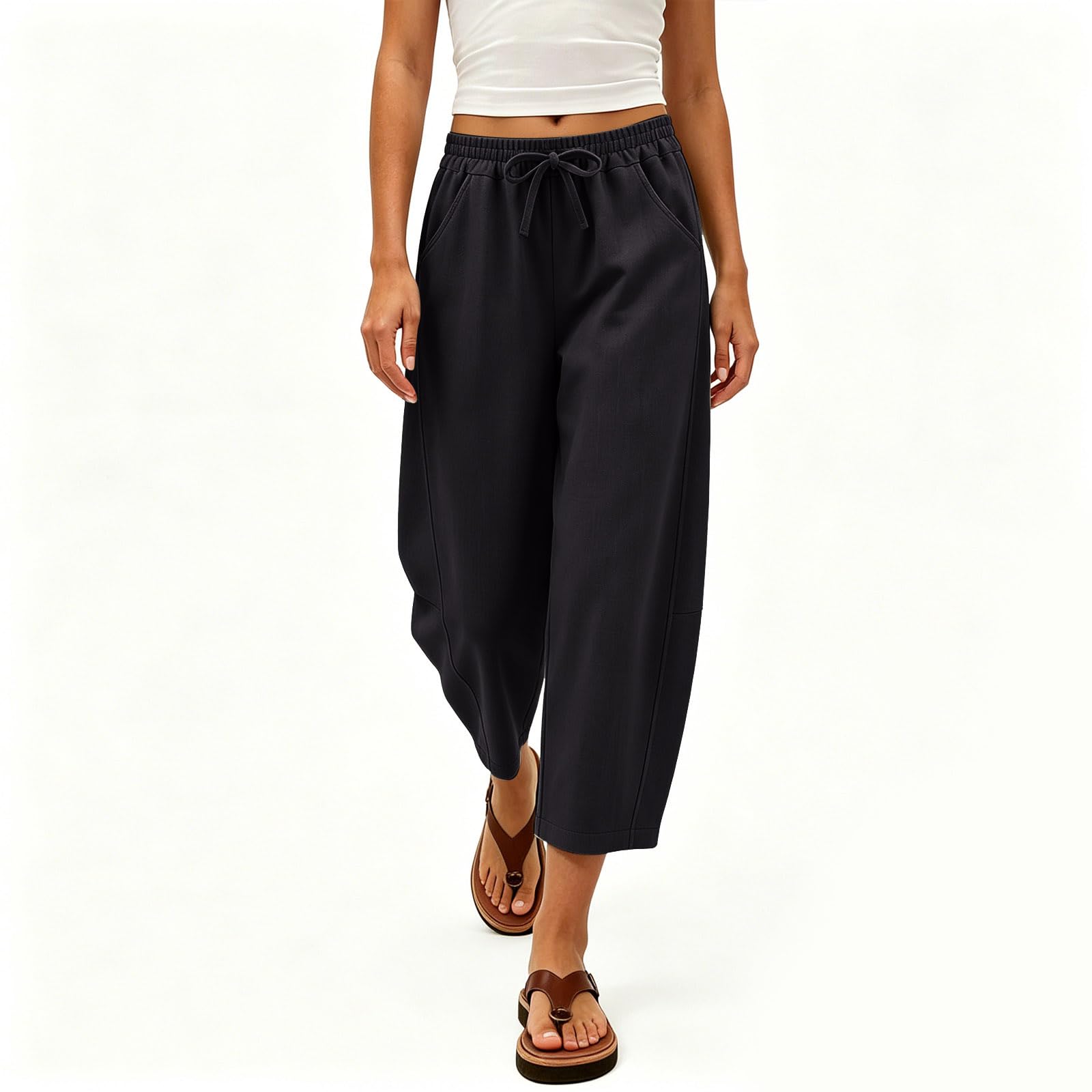Pantaloni da Donna In Lino Vita Alta Leggeri 2026 Estivi Casual A 3/4 In Mussola Traspiranti A Gamba Larga da Spiaggia Eleganti Lino Pantalonis per Libero con Tasche Pantaloni Gamba Larga S-3XL