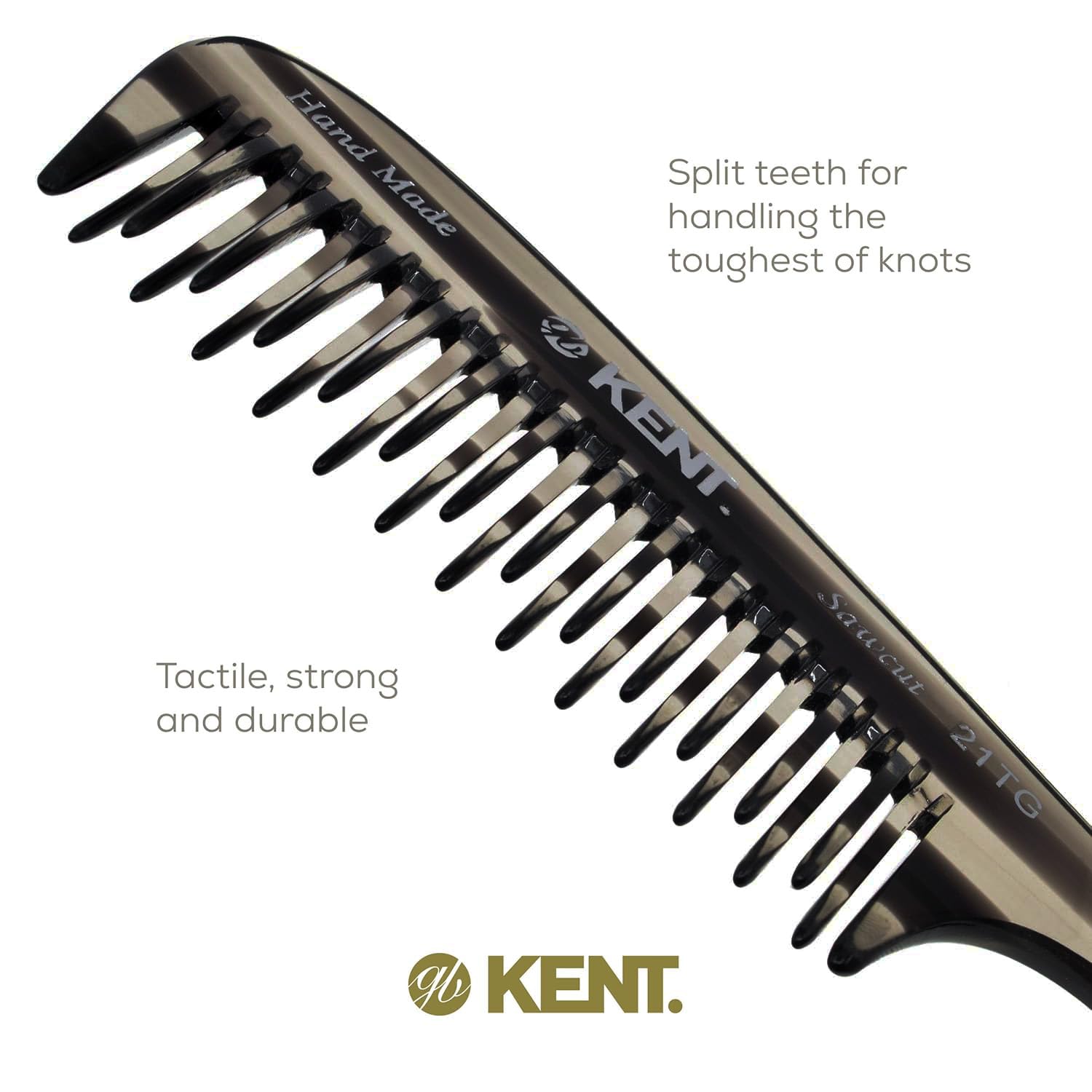 Kent 21T Peigne démêlant à dents larges pour cheveux épais bouclés ondulés Noir Graphite Peigne à main pour cheveux secs et humides Fabriqué en Angleterre