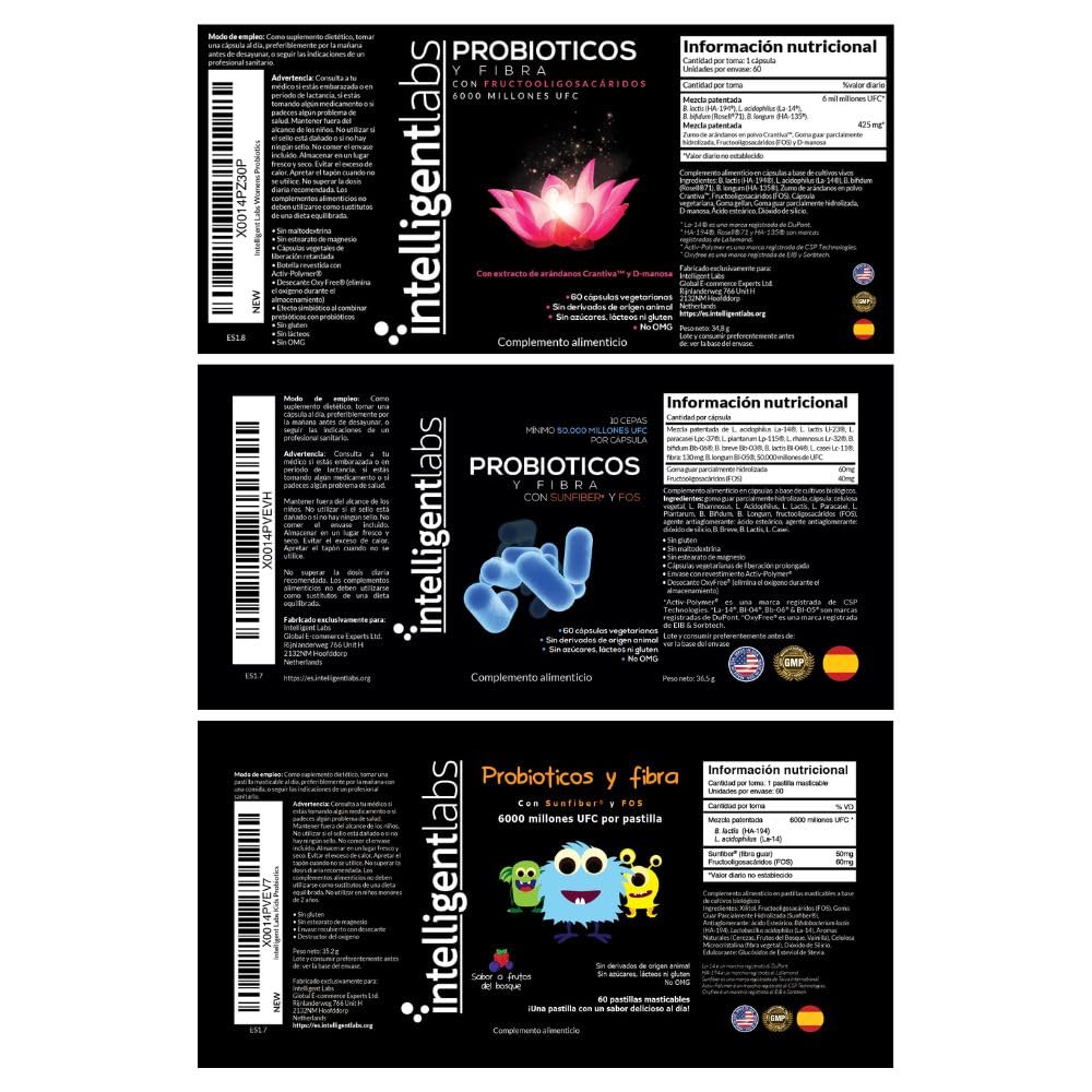 Intelligent Labs Pack 3-en-1: Probióticos para Adultos, Mujeres y Niños. 60 Porciones, Suministro para 60 Días por Paquete. Apoyo Integral para la Salud Digestiva e Inmune de toda la Familia.