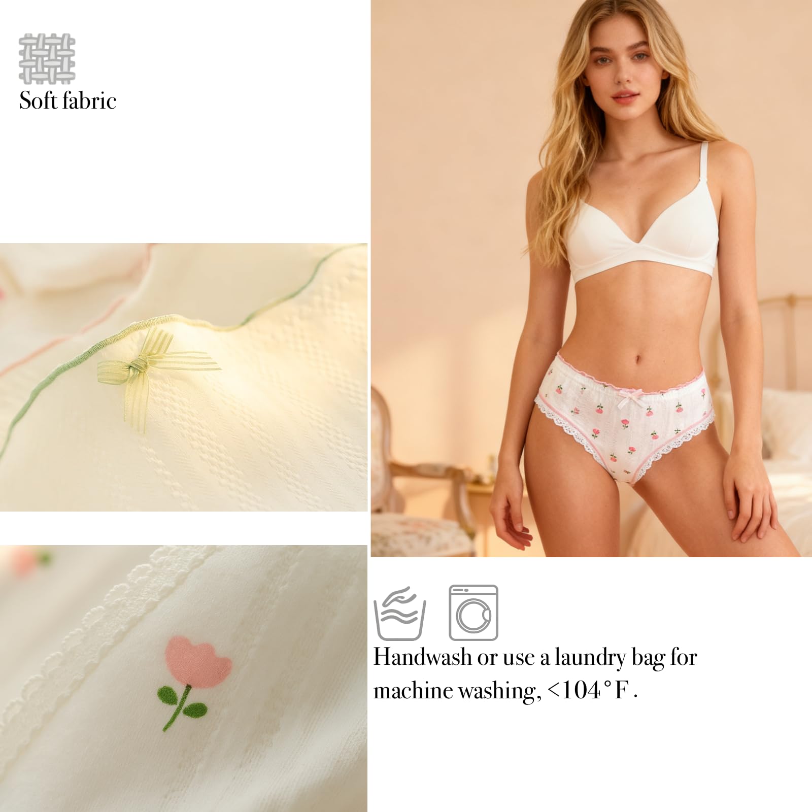 Women’s Underwear Cotton Panties Lace Ruffled Tulip Print Floral Flower Bow Knot Cute Kawaii Japanese Underwear 7 Pack: Medium White Pink Green