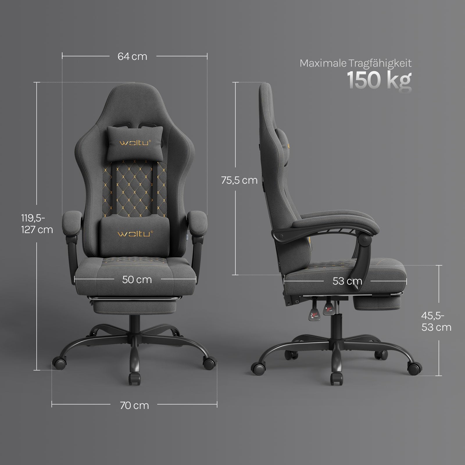 WOLTU Gaming Stuhl mit Massagefunktion, Computerstuhl Ergonomisch, Taschenfederkissen, Lendenmassage, Kopfkissen, Fußstütze, Drehstuhl, 150 kg, Tech-Stoff, Grau+Gelb