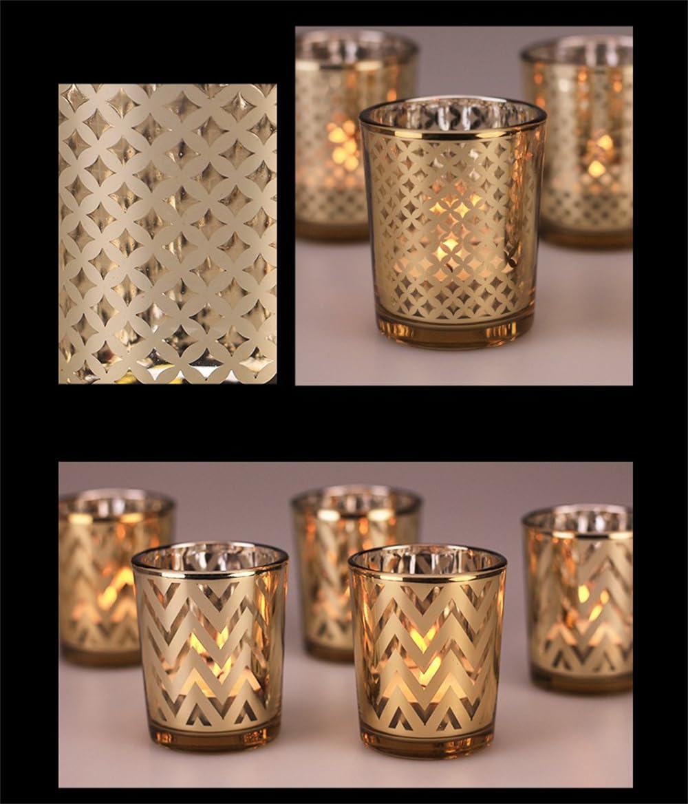 Hiseng Bougeoirs Photophore en Verre pour Bougies Chauffe-Plat, Moderne Dorée Bougeoir Votif pour Décorationde Table de Mariage, Maison, Anniversaire, Fête, Noël, Mariage (Lot de 12,Style A)