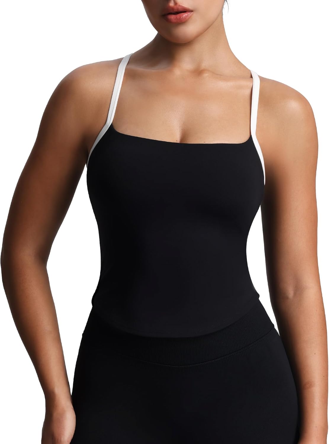 Aoxjox Women's Workout Sleeveless Color Block Lexi Tank Tops Contrasting Strap Cross Back Yoga Curve Longline Crop Top