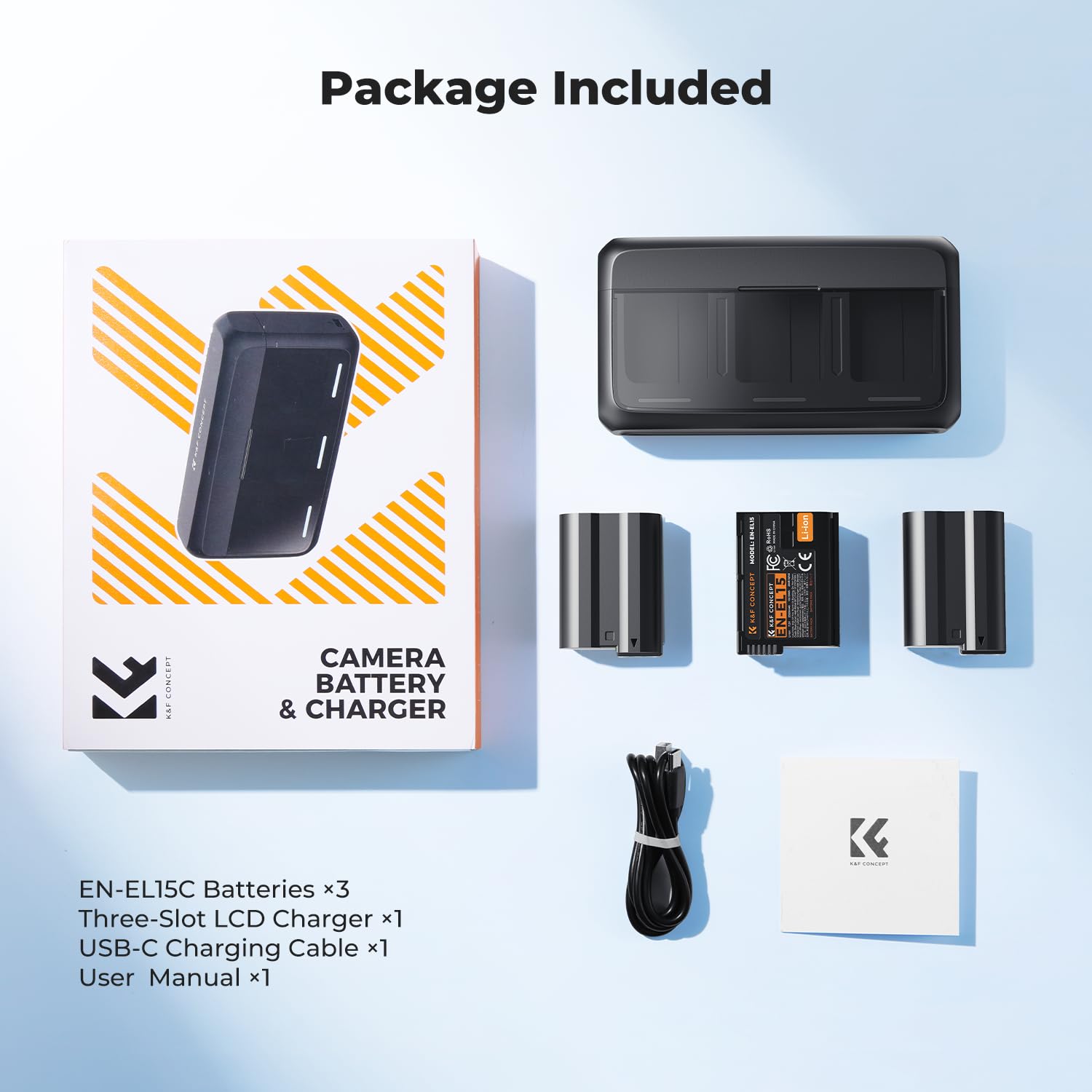 K&F CONCEPT EN-EL15C Akku 3er Pack, 20W LED PD Schnellladegerät, Kompatibel mit Nikon Z8 Z7 Z7II Z6 Z6II Z6III Z5 ZF D850 D780 D750 D7500 D7200 D7100