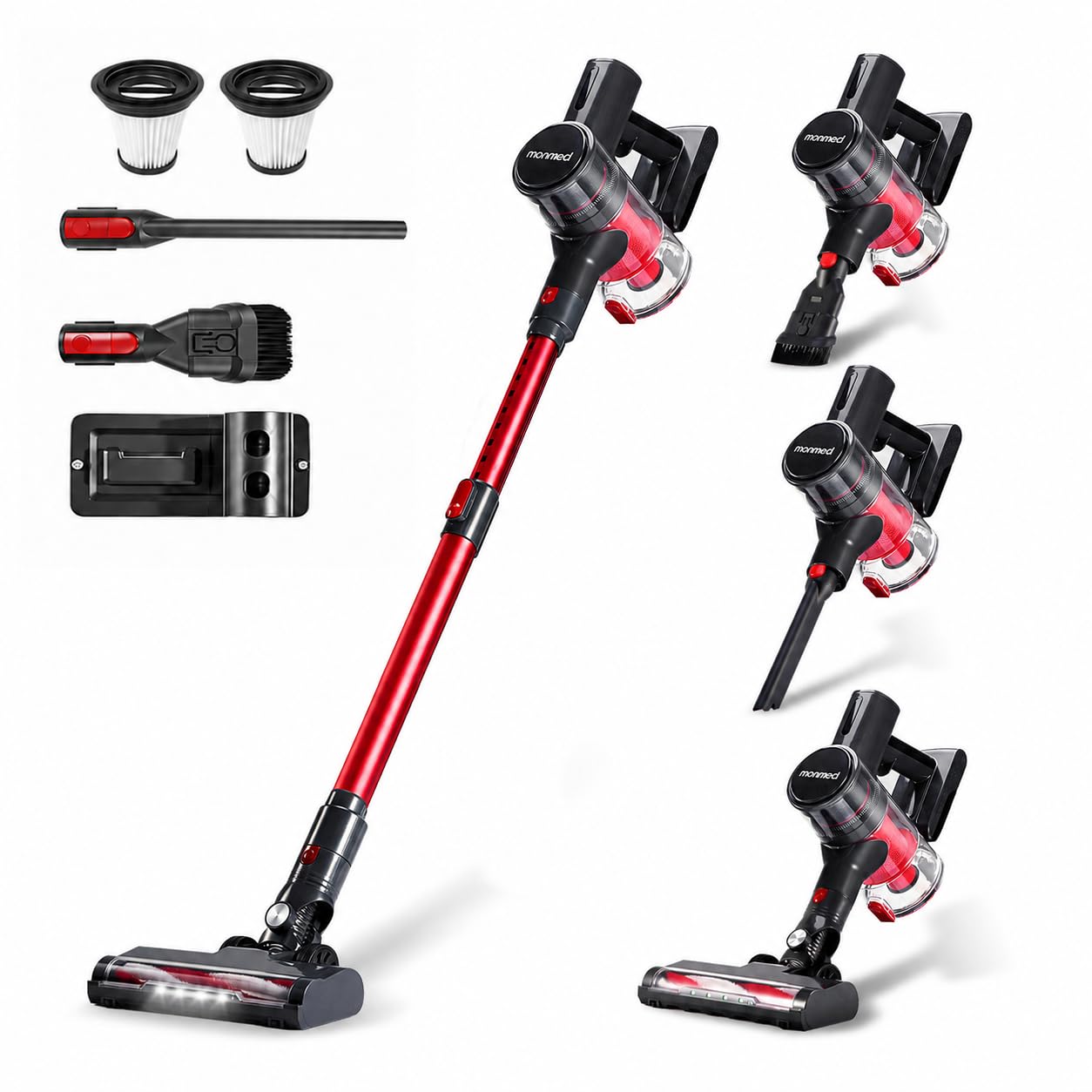Kabelloser Staubsauger Einziehbarer 4-in-1 LED Akku Staubsauger 2-Stufen Anti-Tangle kabelloser Sauger 6×2200mAh 150W/16KPa/49Mins 1L Ultraleicht für Teppiche, Hartböden (Rot & Grau)