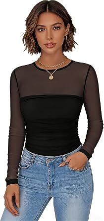 Womens Sexy Sheer Mesh Long Sleeve Tops Crew Neck Double Layered Tee Shirts Fall Fashion Going Out Tops Lace Blouse