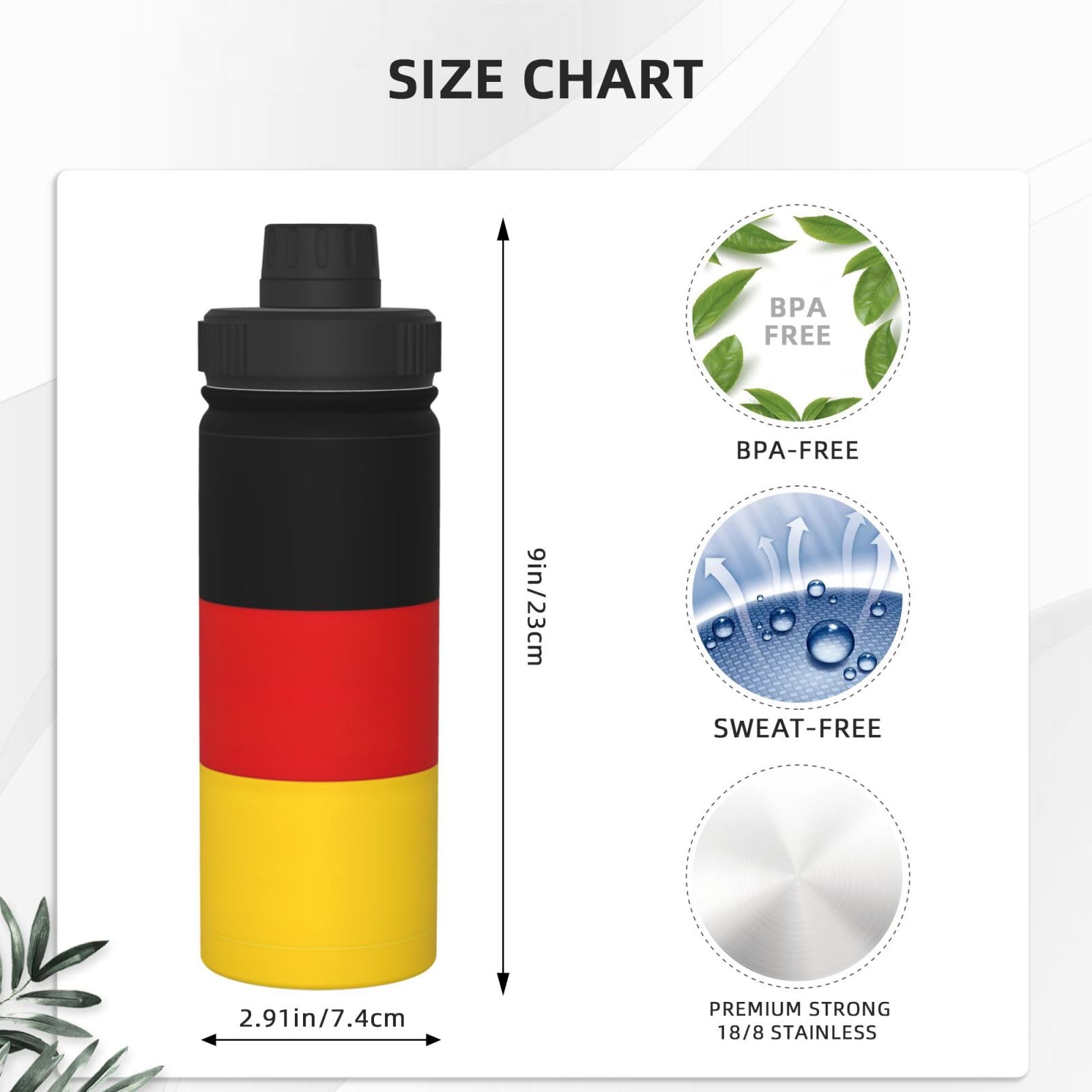 Wasserflasche mit Deutschland-Flagge, Edelstahl, doppelwandig, isoliert