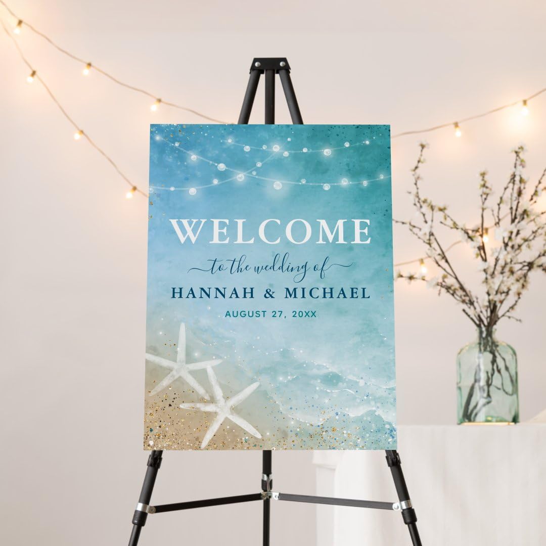 Personalized Beach Wedding Welcome Sign, Elegant Blue and Teal Beach Wedding Party Sign, Editable Ocean Summer Welcome Poster Template, Ocean Coastal Party Decoration, Printable Sign Board
