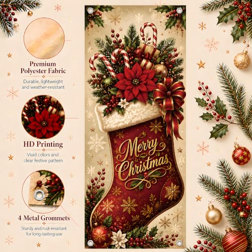 Image of Christmas Decorations - Merry Christmas Stocking Candy Cane Door Cover