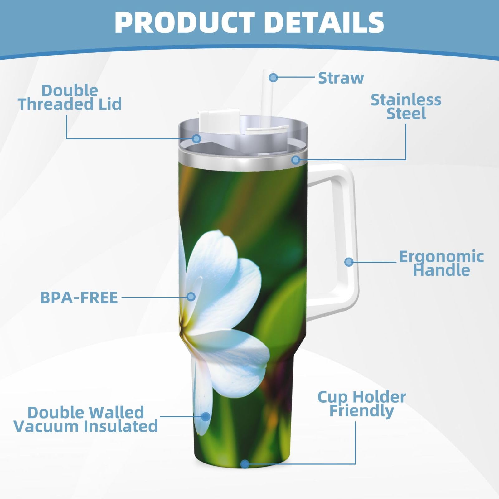 Hawaii Flower 1 Wasserflasche aus Edelstahl, doppelwandig, isoliert, mit Griff und Strohhalm-Deckel, 1,2 l