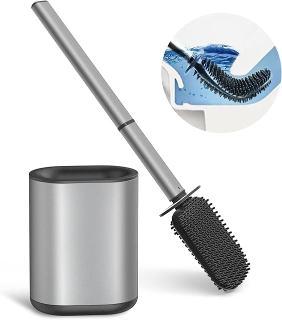 COSICOSY Toilet Brush , Stainless Steel Silicone Toilet Brush and Holder Flexible Soft Silicone Toilet Brush for Deep Cleaning with Long Handle Wall Mounted Grey