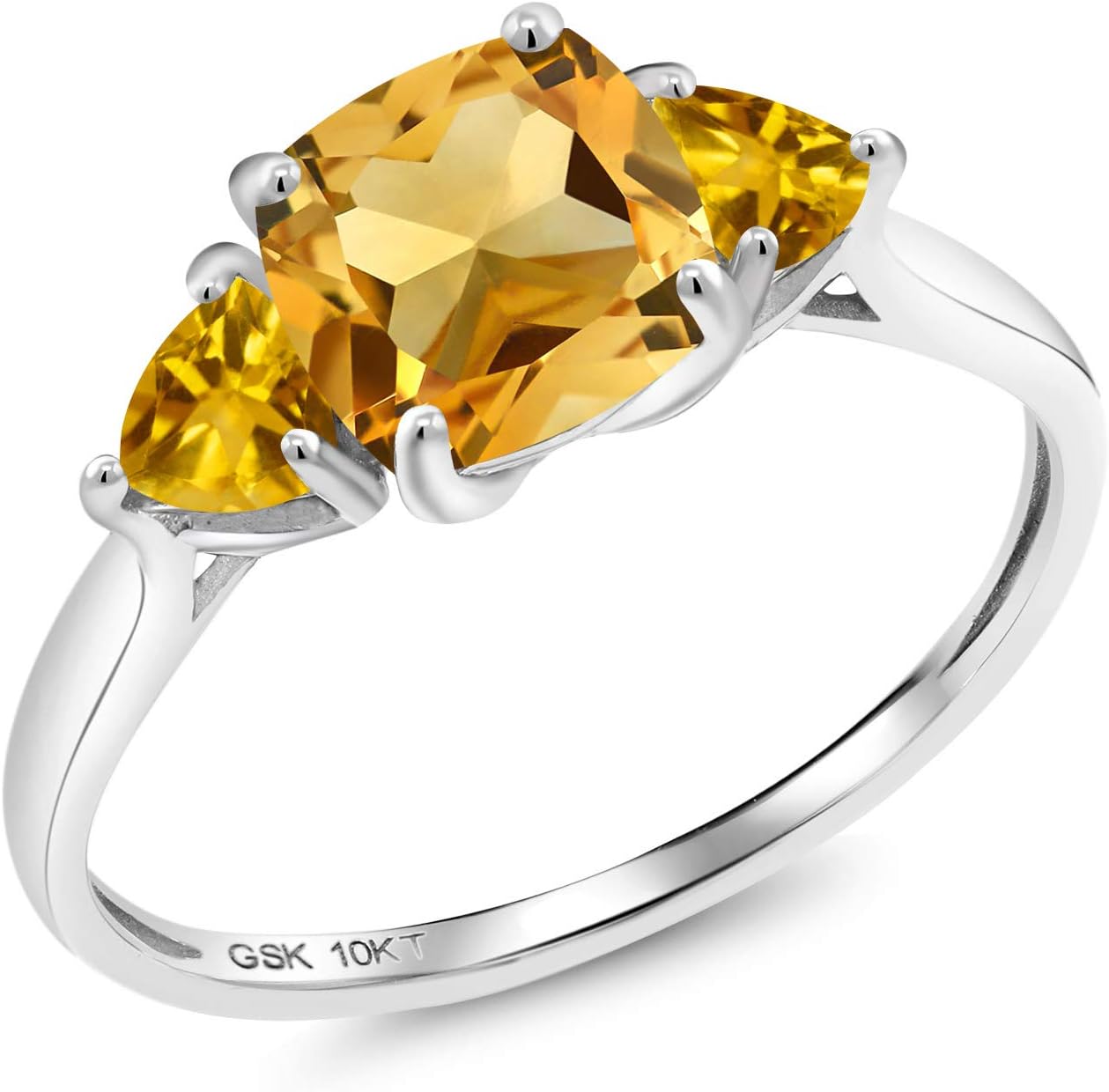 Gem Stone King 10K White Gold Yellow Citrine 3-Stone Engagement Ring For Women | 1.80 Cttw | 7MM Cushion and 4MM Trillion | 3 Stone Wedding Engagement Anniversary Promise Ring For Women