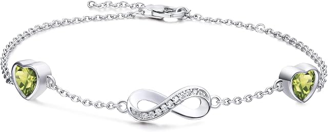 Qings Infinity Birthstone Bracelet 925 Sterling Silver Adjustable Infinity Symbol Heart Bracelets with 2 Cubic Zirconia Charms Friendship Bangle Birthday Jewellery Gifts for Women Girls