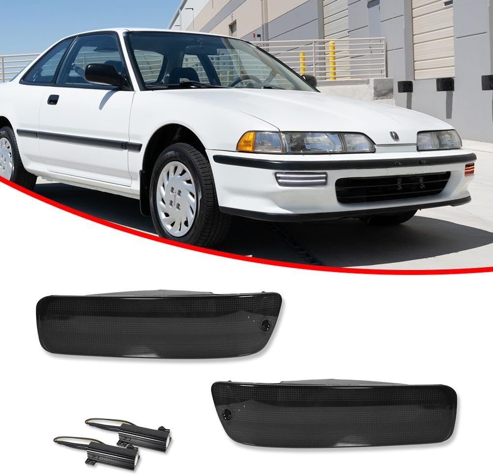 for 1992 1993 Acura Integra RS/GS/LS/GSR Front Bumper Turn Signal Parking Daytime Running Light Smoked Lens Amber & White LED Lamp Driver and Passenger Side AC2530102 AC2531102