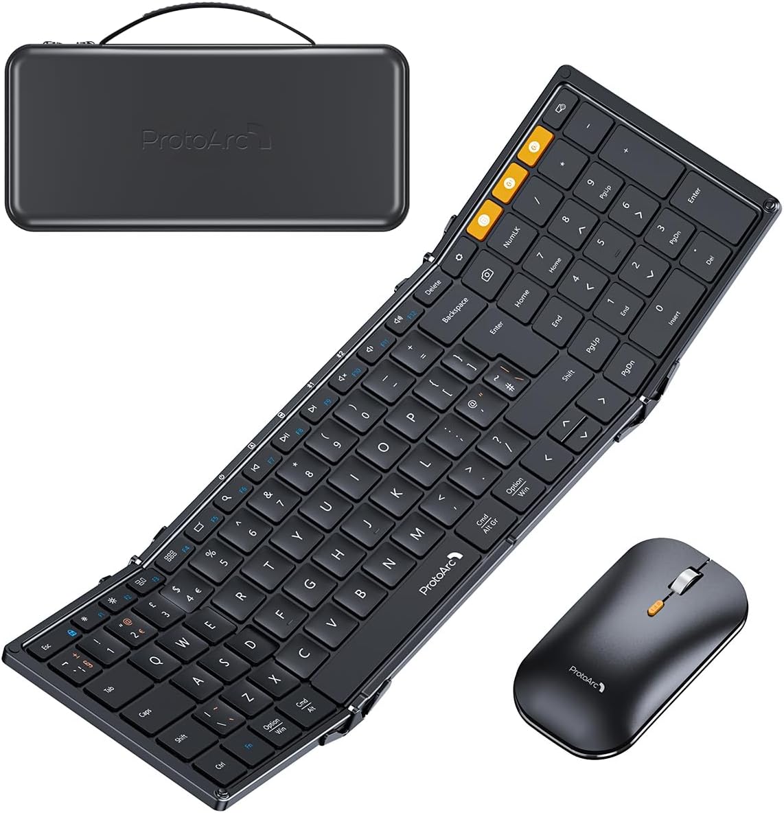 ProtoArc Foldable Keyboard and Mouse Combo, Folding Bluetooth Keyboard Mouse for Travel, 2.4G+Dual Bluetooth, Full-Size Rechargeable Portable, QWERTY UK Layout - Black