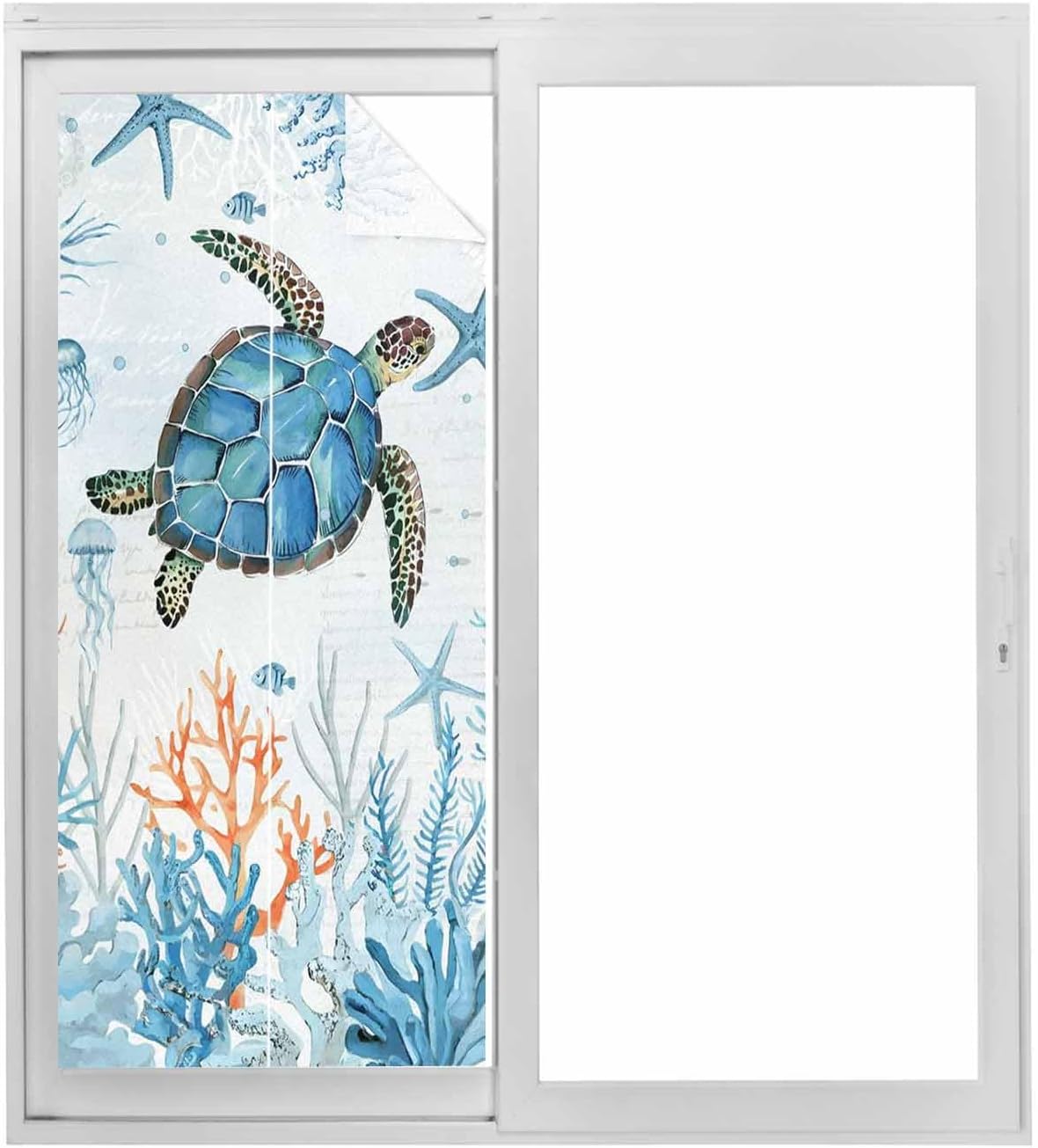 Sea Turtle Blue Stained Glass Window Film - Decorative Privacy Film Static Window Cling for Glass Door - 35.4"x78.7"