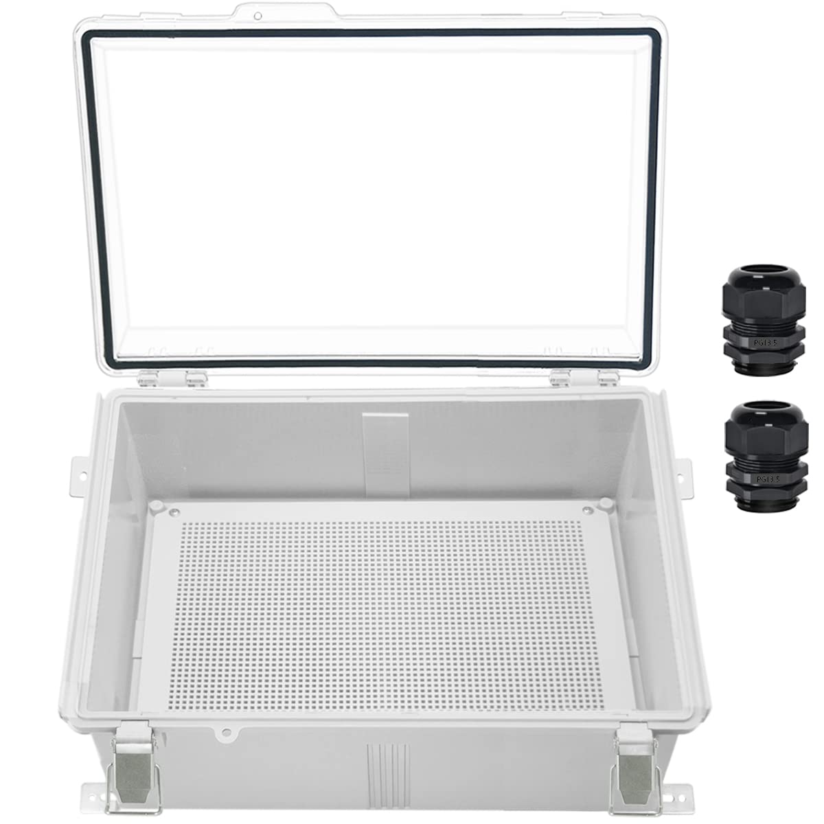 Zulkit Junction Box,IP67 Waterproof Electrical Box Hinged Clear Cover Stainless Steel Buckle Plastic Project Box w Mounting Plate Wall Bracket and 2 Cable Gland 17.7"x13.8"x7.9"/450x350x200mm