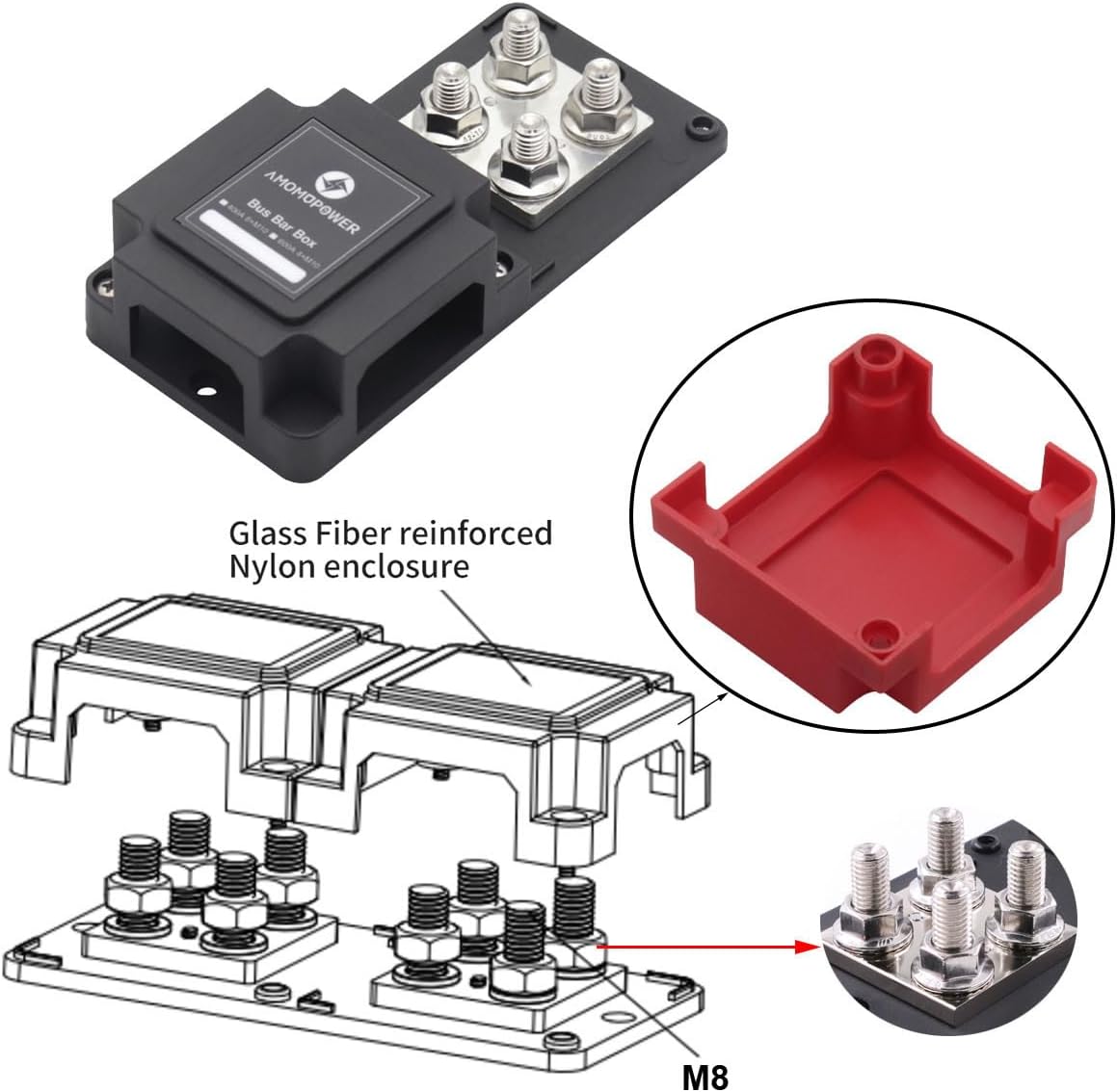 Bus Bar 12V-48V 400A Copper Busbar Heavy Duty Module Powerbar Distribution Blocks with 8X 5/16" (M8) Posts Terminals Battery Buss Bar DC for RV Truck Boat Marine Solar and More, Red&Black