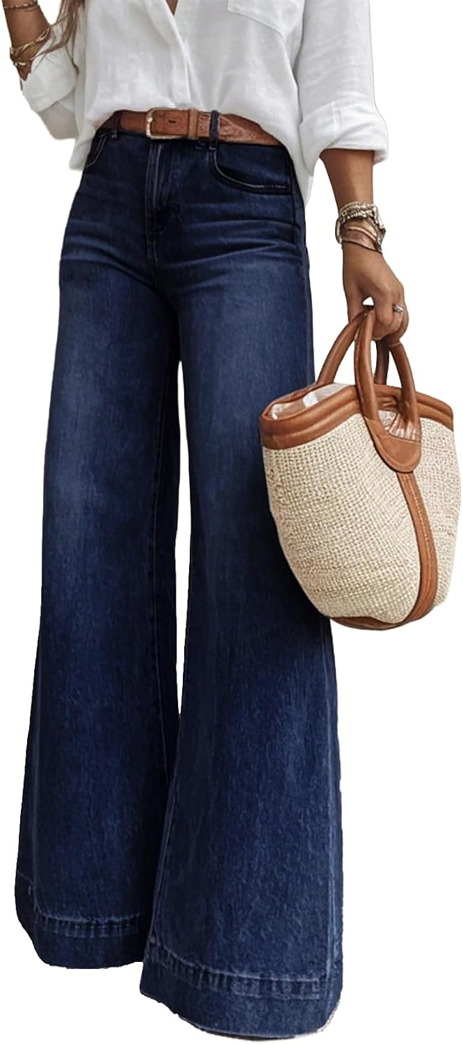 SHEWIN Flare Jeans for Women Wide Leg High Waisted Strechy Loose Casual Denim Pants with Pockets