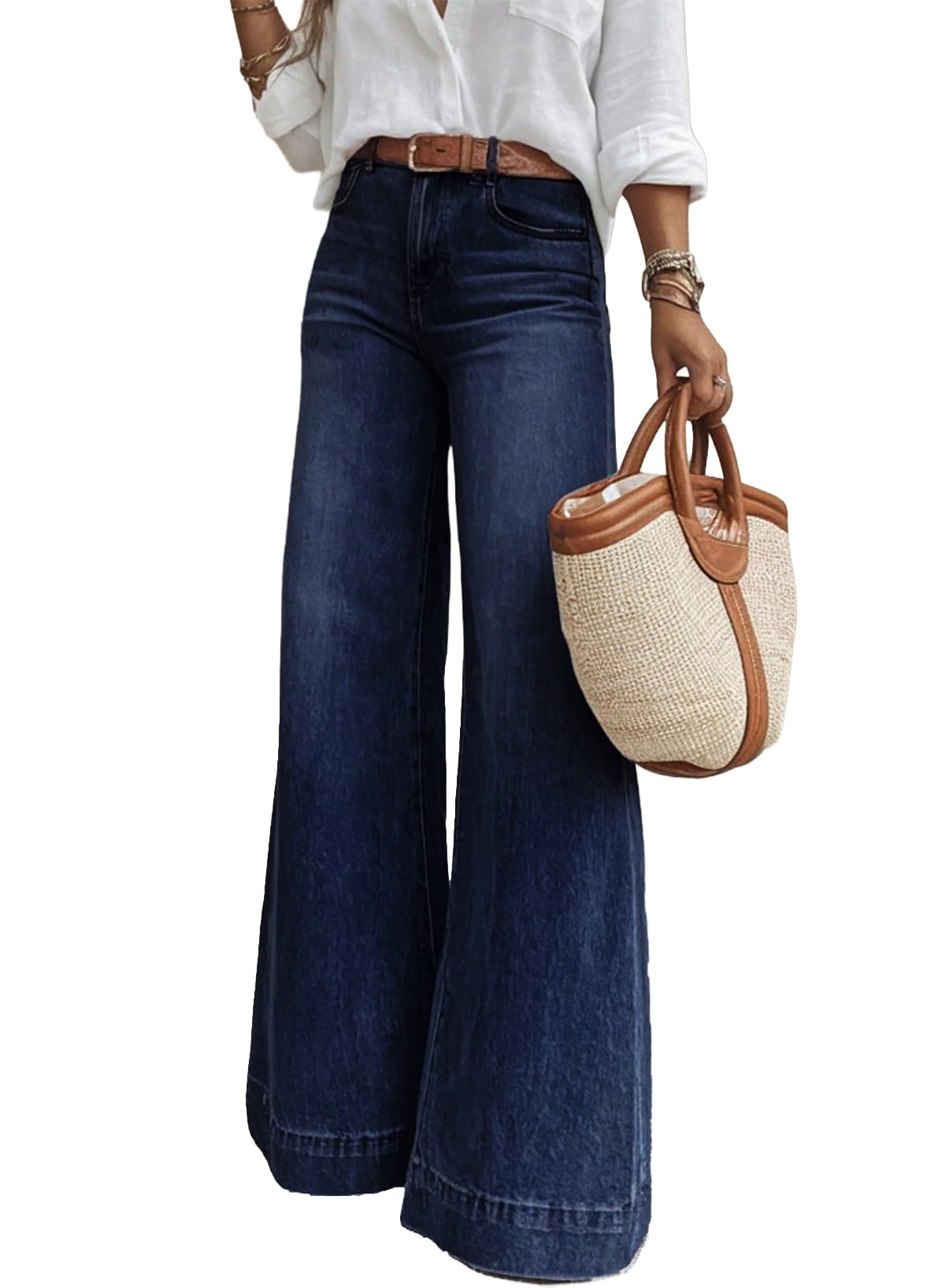 Dark blue Wide Leg Jeans for Women Trendy Casual Flare Baggy Denim
