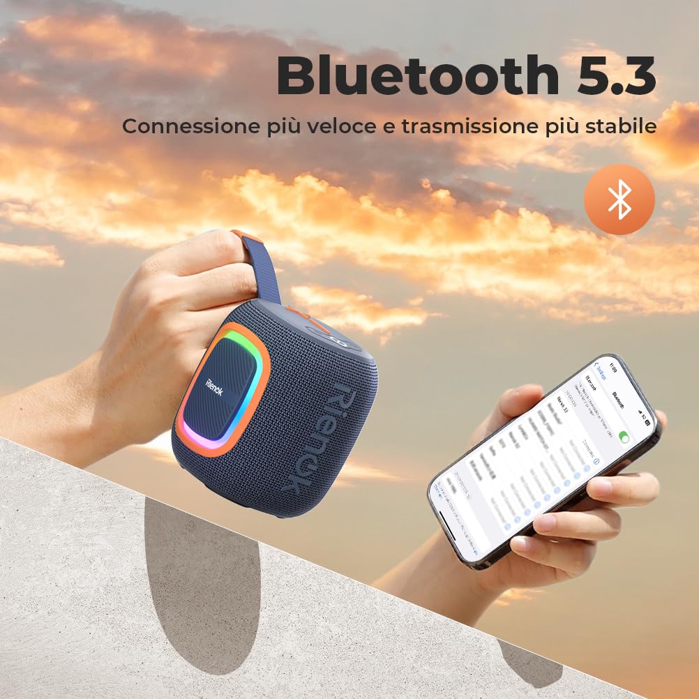 RIENOK Cassa Bluetooth Potente Portatile Impermeabile Speaker Bluetooth 5.3, Radio FM/USB/AUX/Micro SD, Vero Stereo Senza Fili, Luce LED, Ricaricabile Tipo-C, Blu Navy